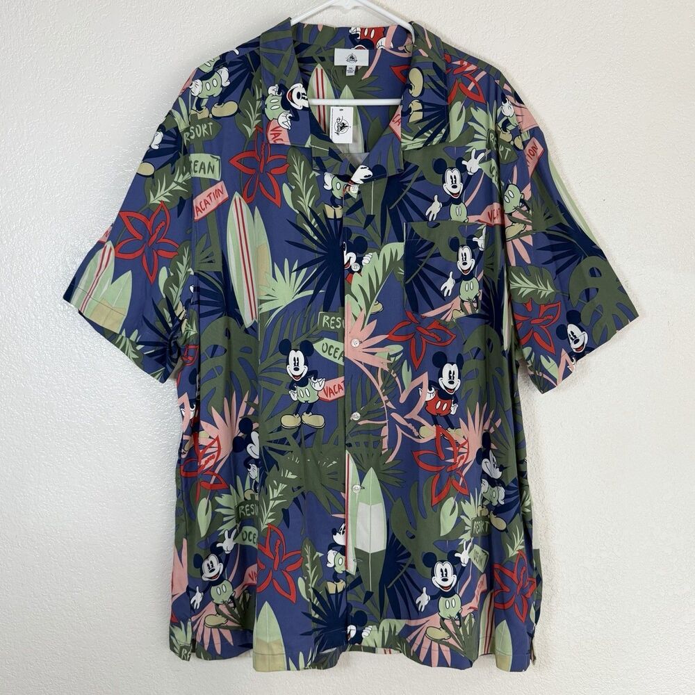 Disney Parks Mickey Mouse Hawaiian Tropical Resort Theme Button Down Shirt XXL